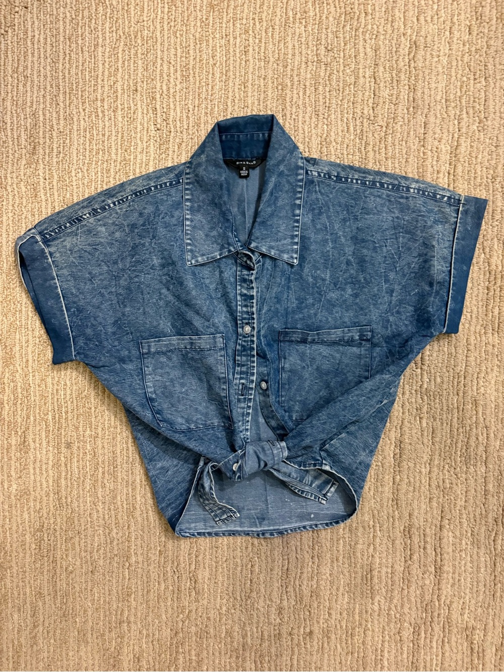 Sim & Sam Tie-Front Acid Washed Blue Denim Shirt Size Small